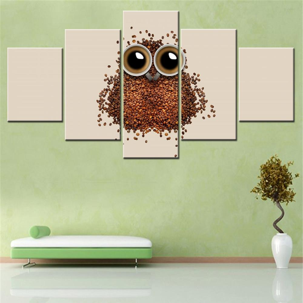 5 Pieces Canvas Wall Arts Poster Paitnign Cute Coffee Beans Owl Wallpaper Home Decor Picture Printing Living Room Mural Artwork