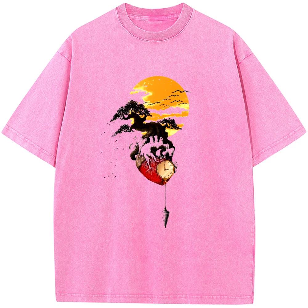 Time Sunset Mountain Men Women Washed T-Shirt Cotton Funny Loose Bleached Tshirt Retro Bleach T shirt Tops Tee