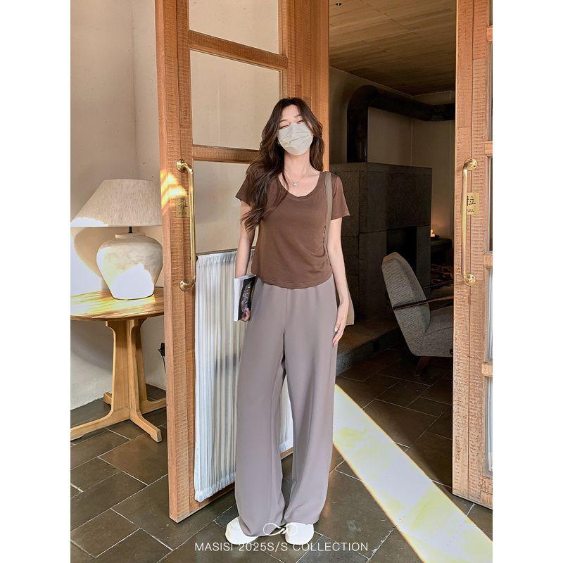 

Maxi Plus Size Women s Soft Glutinous Straight-leg Casual Pants Summer Slightly Oversized Girls High Waist Drooping Wide-Leg Pants All-Matching Pants Curry color L