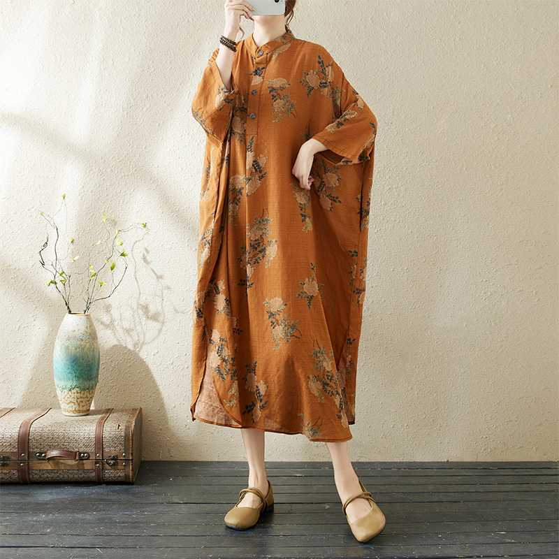 Printed Stand Neck Loose Oversized Vacation Dresses