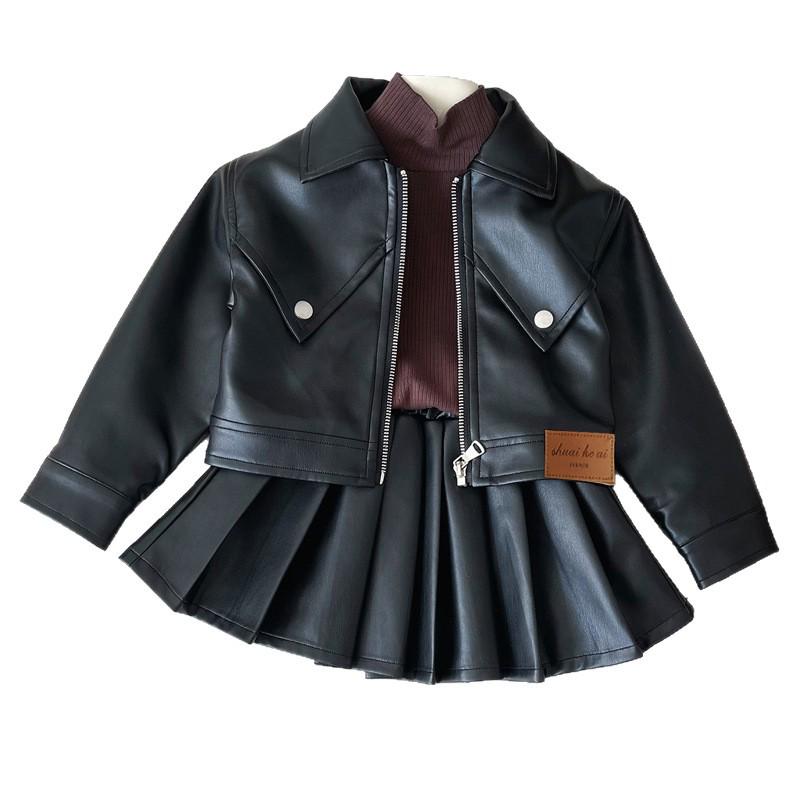 Girls' Autumn PU Leather Biker Outfit: Korean-Style Jacket & Pleated Skirt Set