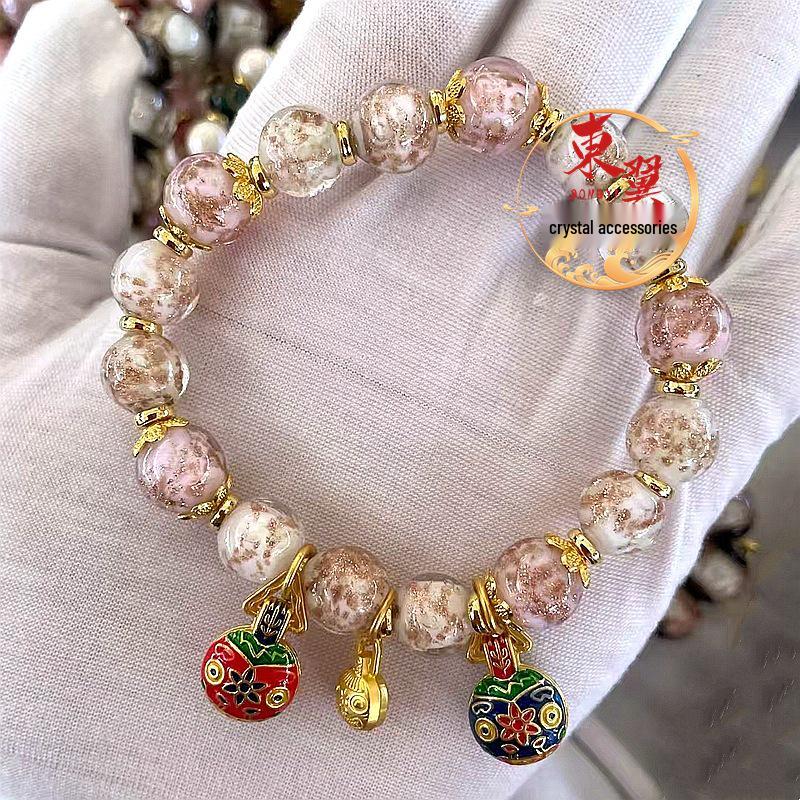Night Glow Golden Beast Luck Bead Women s Bracelet with White Platinum Sand Glazed Porcelain and Gold Foil Accents