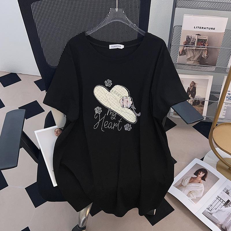 Women's Plus Size Short-Sleeve Mid-Length Round Neck Slimming T-Shirt (200/300/350 Jin)