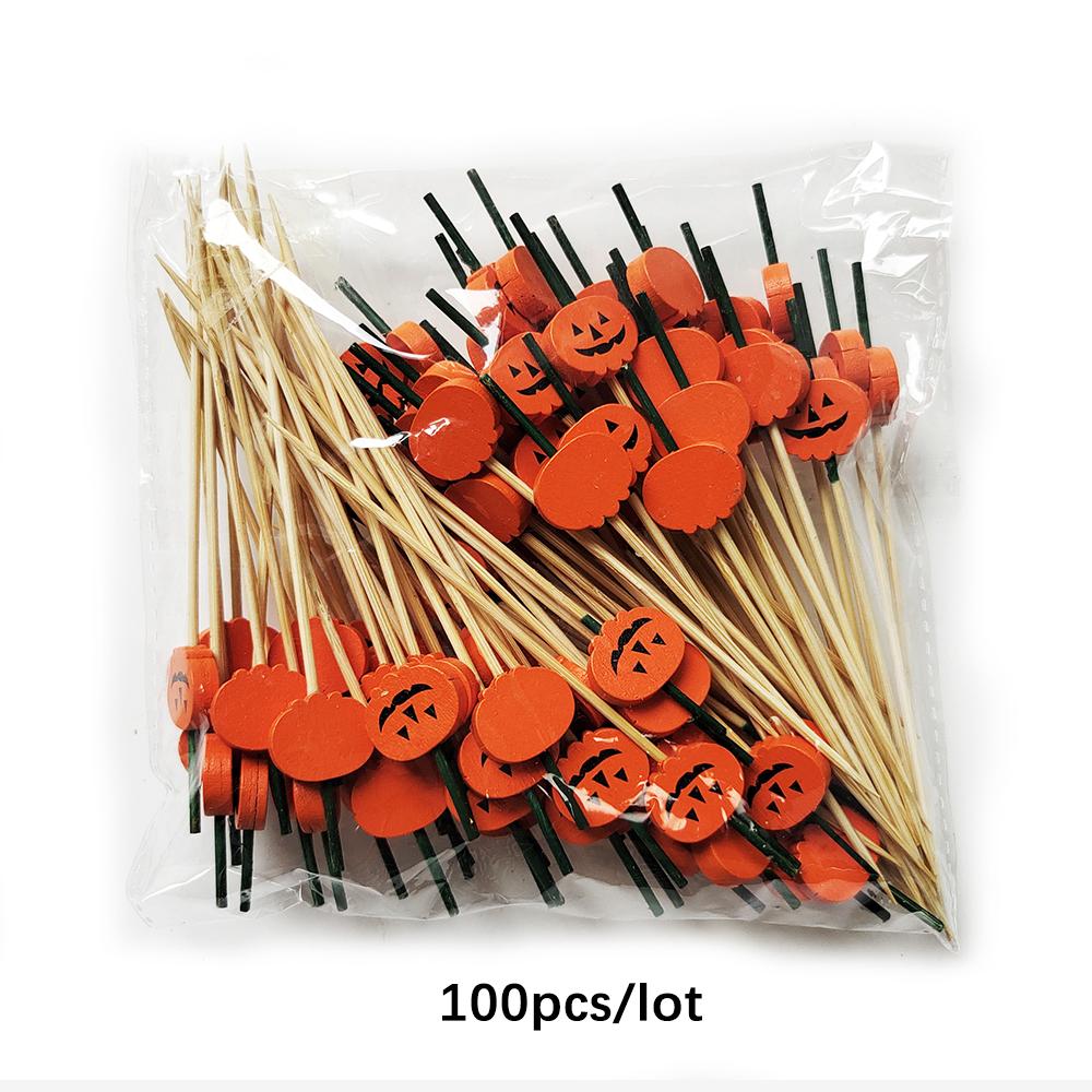 100Pcs Halloween Pumpkin Skewers Bamboo Picks Fruit Forks Buffet Dessert Toothpicks Ghost Bat Halloween Party Decoration