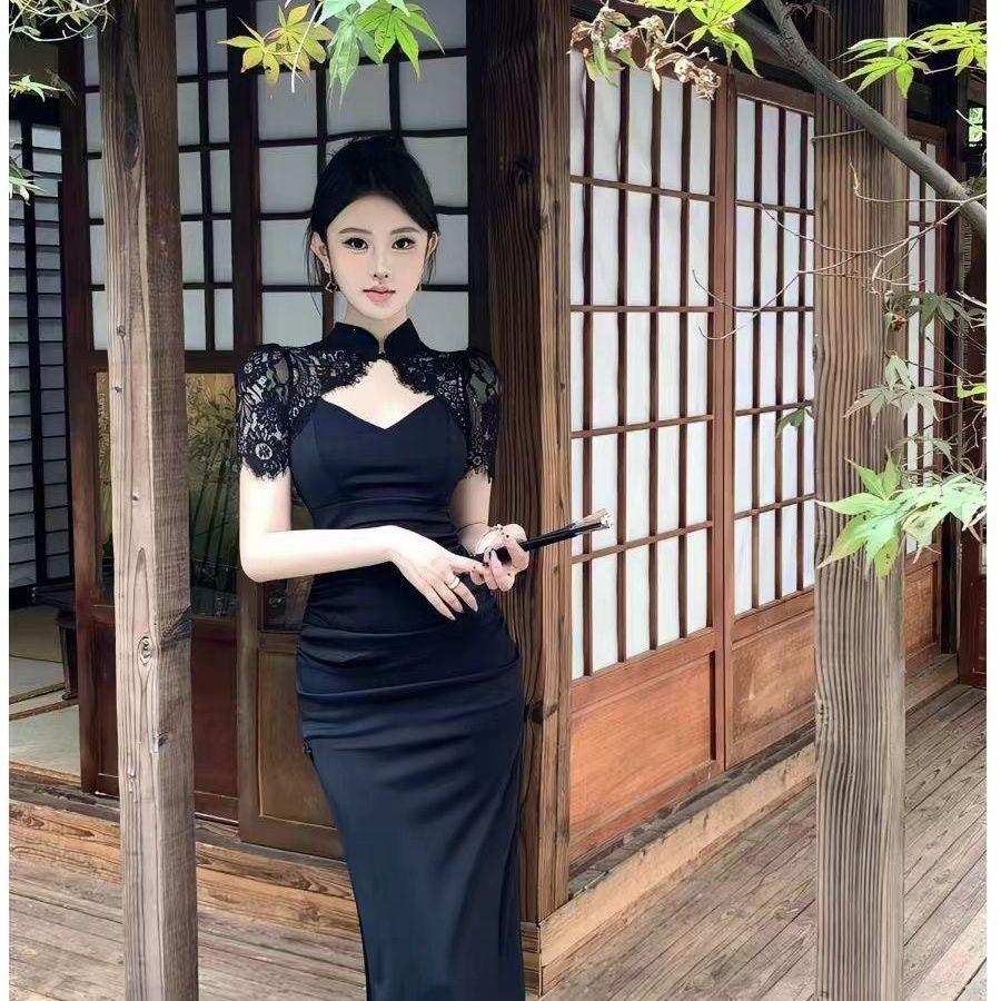 Fashion Royal Sister Wind Lace Splicing Pure Desire Sexy Hollow High Sense New Chinese Improved Cheongsam Split Dress