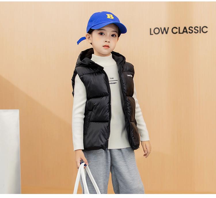 Kids' Hooded Wash-Free Down Vest for Fall/Winter, Unisex Outerwear Gilet, Medium To Large Sizes