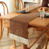 Cotton Linen Table Runner With Striped Patchwork Design Tassel Trim Modern Minimalist Long Cover Dining Room