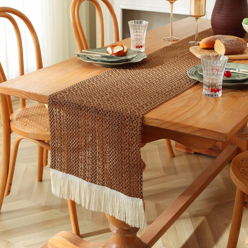 Cotton Linen Table Runner With Striped Patchwork Design Tassel Trim Modern Minimalist Long Cover Dining Room