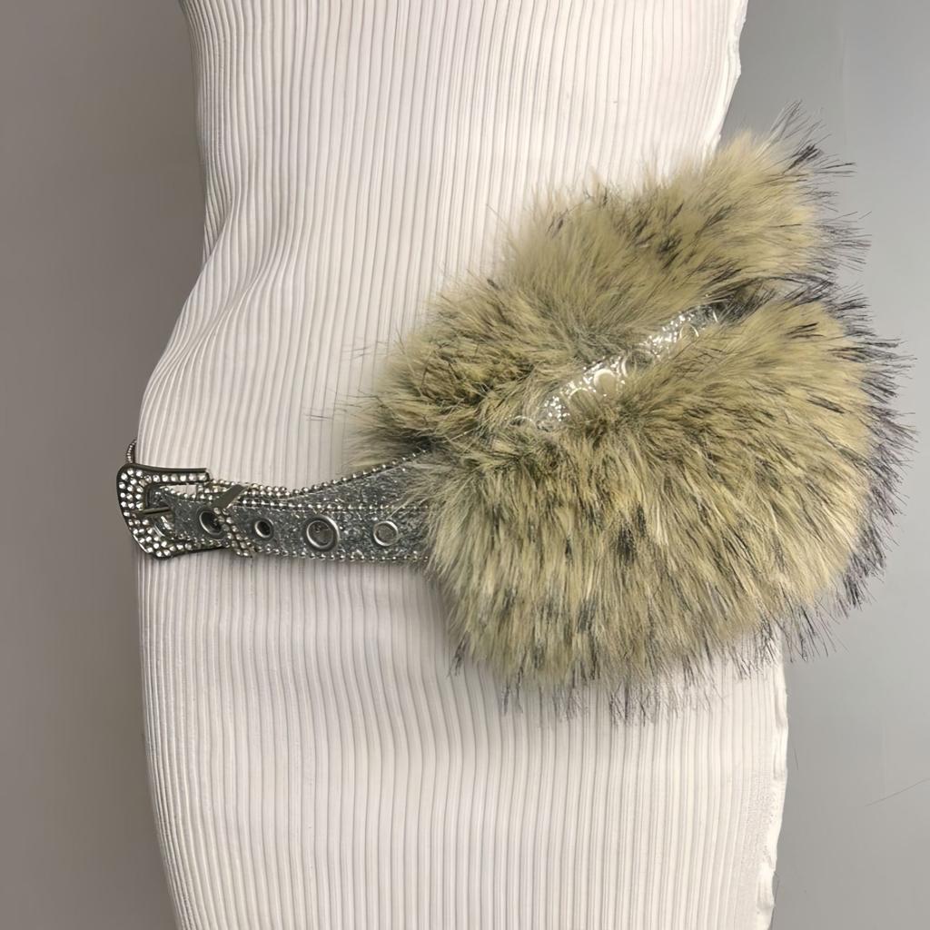 Vintage Faux Fur PU Leather Belt Y2K Furry Fur Gothic Punk Sexy Waistband Night Club Waist Chain Jeans Pants Decor