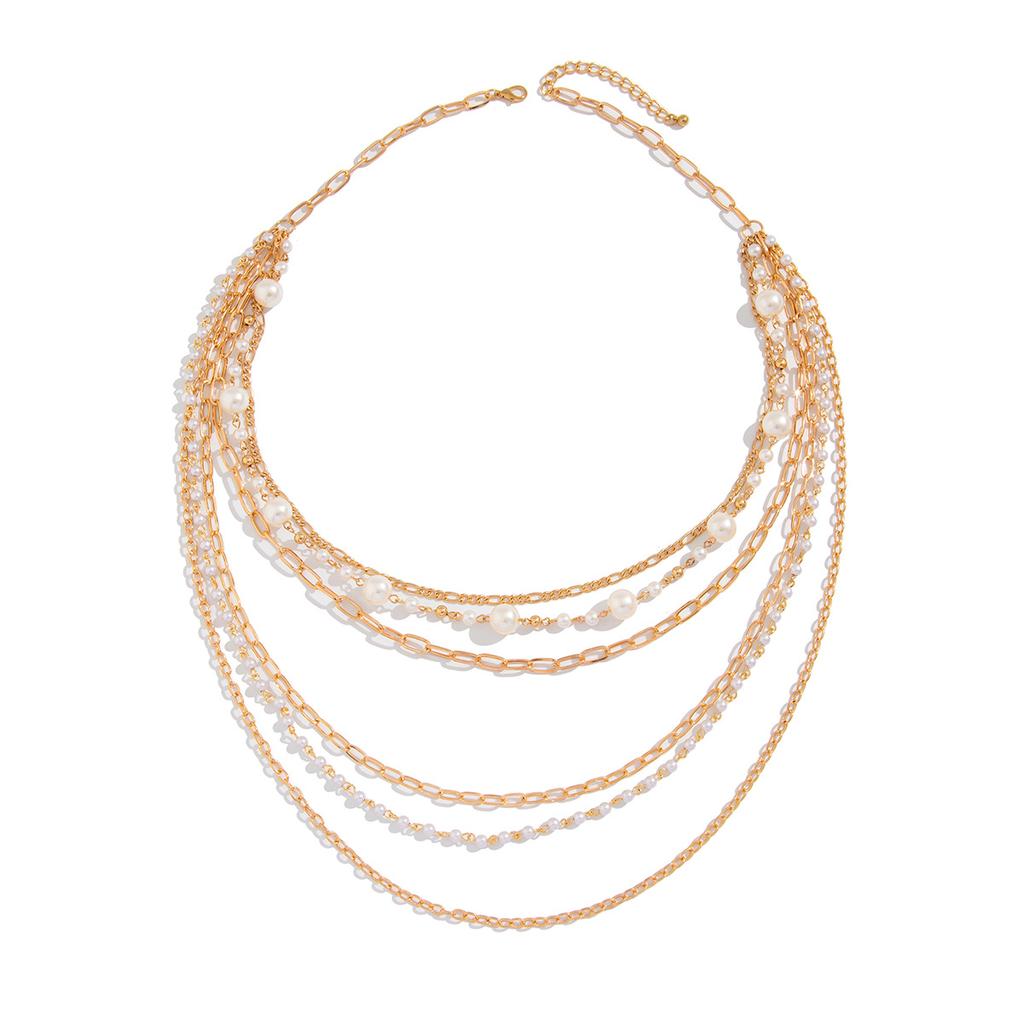 Collana Lunga con Perle Imitazione Temperamento Hip Hop Catena Metallica Multi-Strato Donna