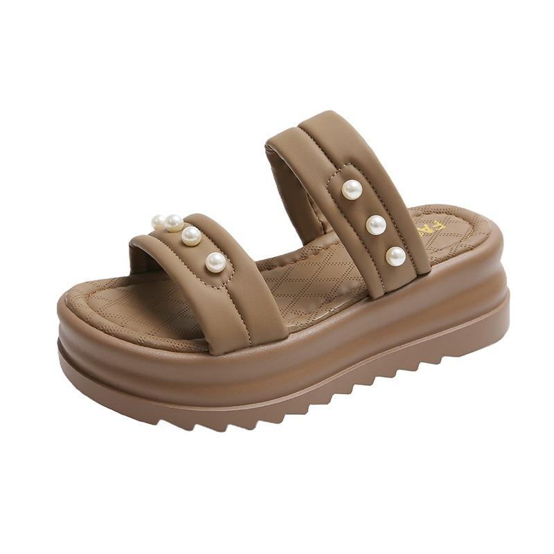 

Summer new thick-soled slippers for women to wear double with open-toe one-word drag pearl casual beach cool slippers for women 40 хакі