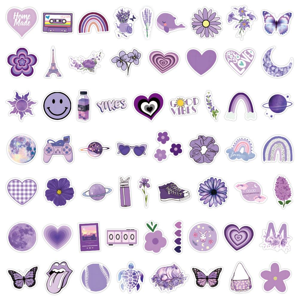 60 Purple Cartoon Stickers: Waterproof Decorations for Stationery, Water Cups, and Computers