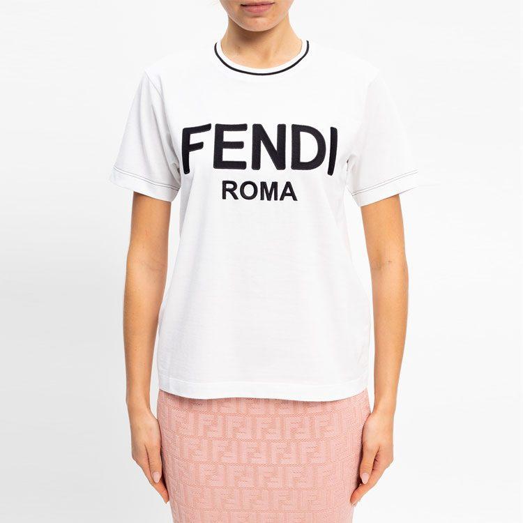 Fendi T Shirts Women's White Crew Neck Moderate Straight Fit FS7254AC6BF0ZNM