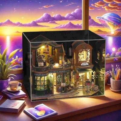 FSEARRT Dollhouse DIY Kit Set, Miniature Dollhouse Kit, Living Room Decor, Gift, Relaxing Item (Twilight Bookstore (Dustproof Case)