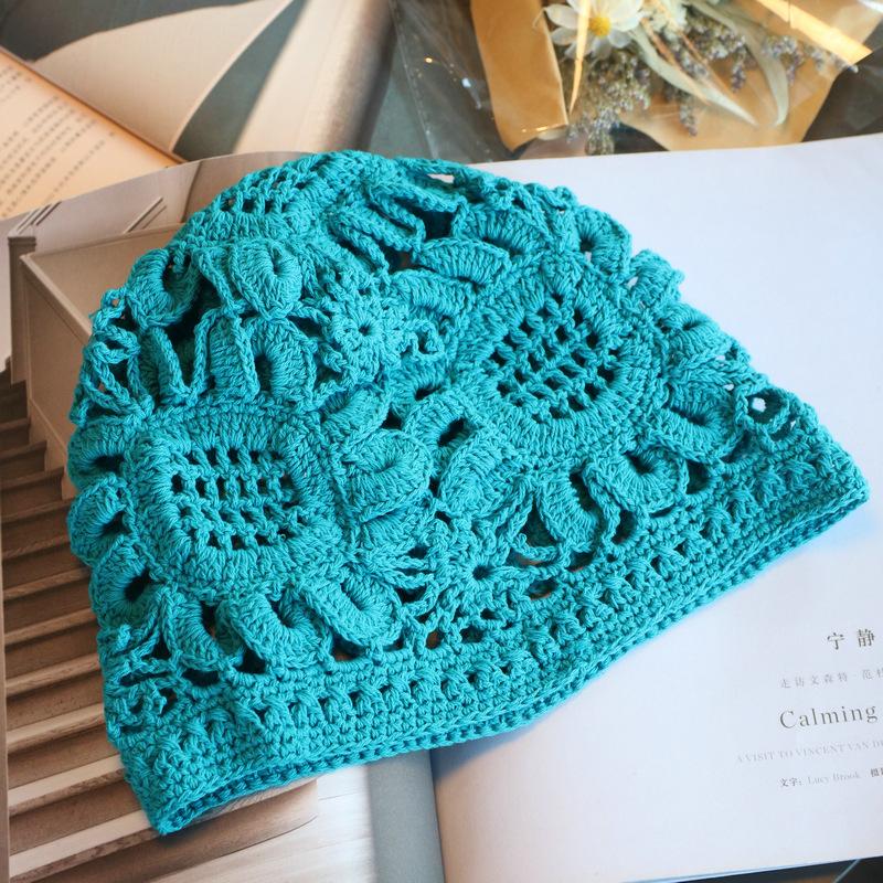Ethnic Exotic Style Wide Hand Hook Sunflower Retro Baotou Hat Spring and Summer Hollow Cotton Thread Knitted Hat