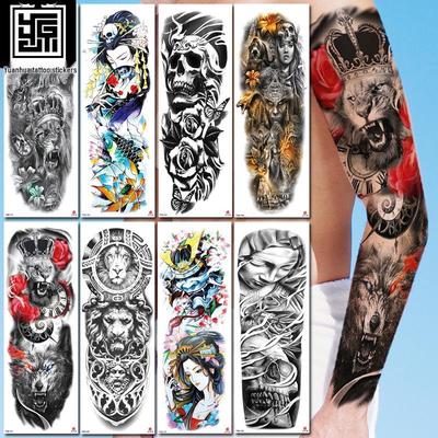 Waterproof Full Arm Tattoo Stickers: Jesus, Virgin Mary, Crown, Lion Design