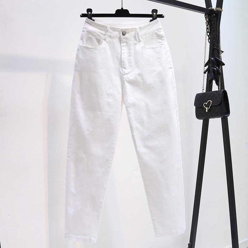 Spring and Summer Elastic Denim Casual Pants Women's Loose and Thin High-waisted White Nine-point Dad Pants Stylish Minimalist Five-pocket Pants
