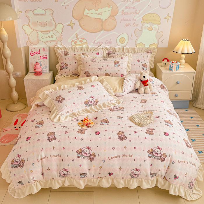Floral Cartoon Milk Velvet and Lambswool Blanket Set - Thickened, Multifunctional Sofa Cover.