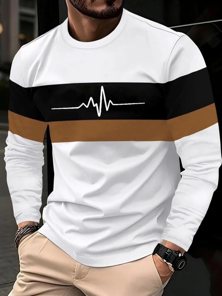 New Men's Autumn Patchwork Striped Creative Print Comfortable Soft Round Neck Long Sleeved T-shirt Outdoor Urban Casual Top