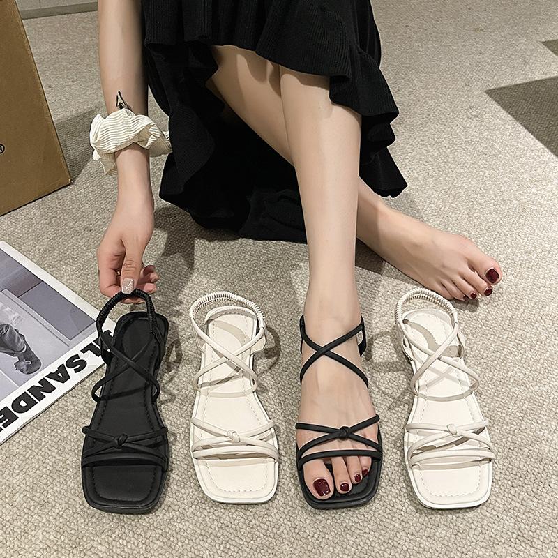 Sandals female trendy new fashion weave fairy wind elastic band flat bottom beach roman shoes female