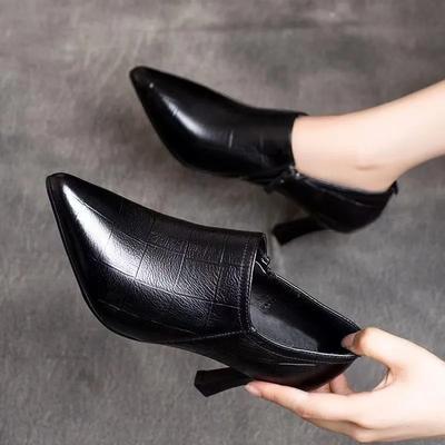 Sapatos femininos clássicos de bico fino pretos de salto alto para tornozelo zapatos de mujer lady elegantes outono primavera com zíper ab687