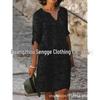 2024 Elegant European & American V-Neck Mesh Embroidered Five-Sleeve Dress
