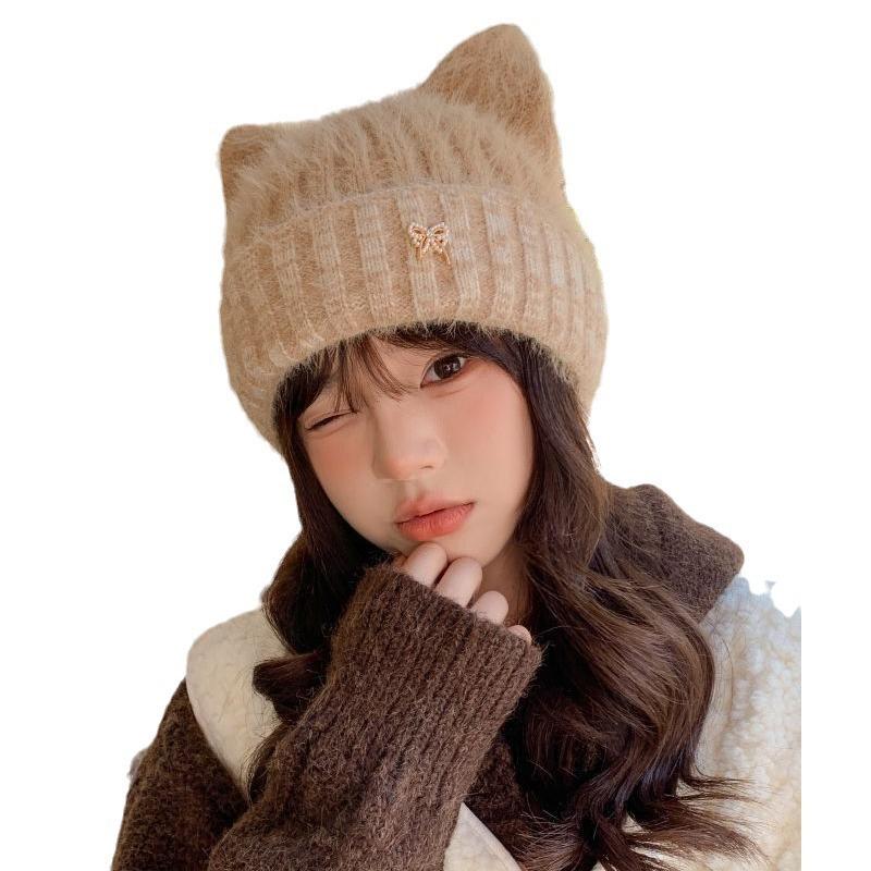 Cute Cat Ears Wool Hat Women's Autumn and Winter New Thick Warmth Outdoor Cold Proof Versatile Knitted Hat