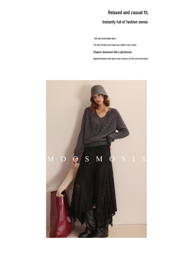Octagonal Knit Lace Skirt with Elastic Waistband and Irregular Hem - Spring/Autumn 