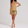 Women Evening Dress Sequin Tassel Decor Sleeveless Skinny Sheath Backless V Neck Prom Banquet Mini Dress