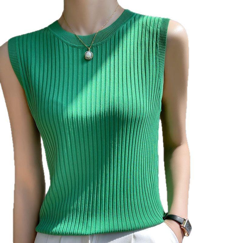 Women's Round Neck Sleeveless Knitted Camisole Tank Top - Ice Silk Summer Base Layer Top