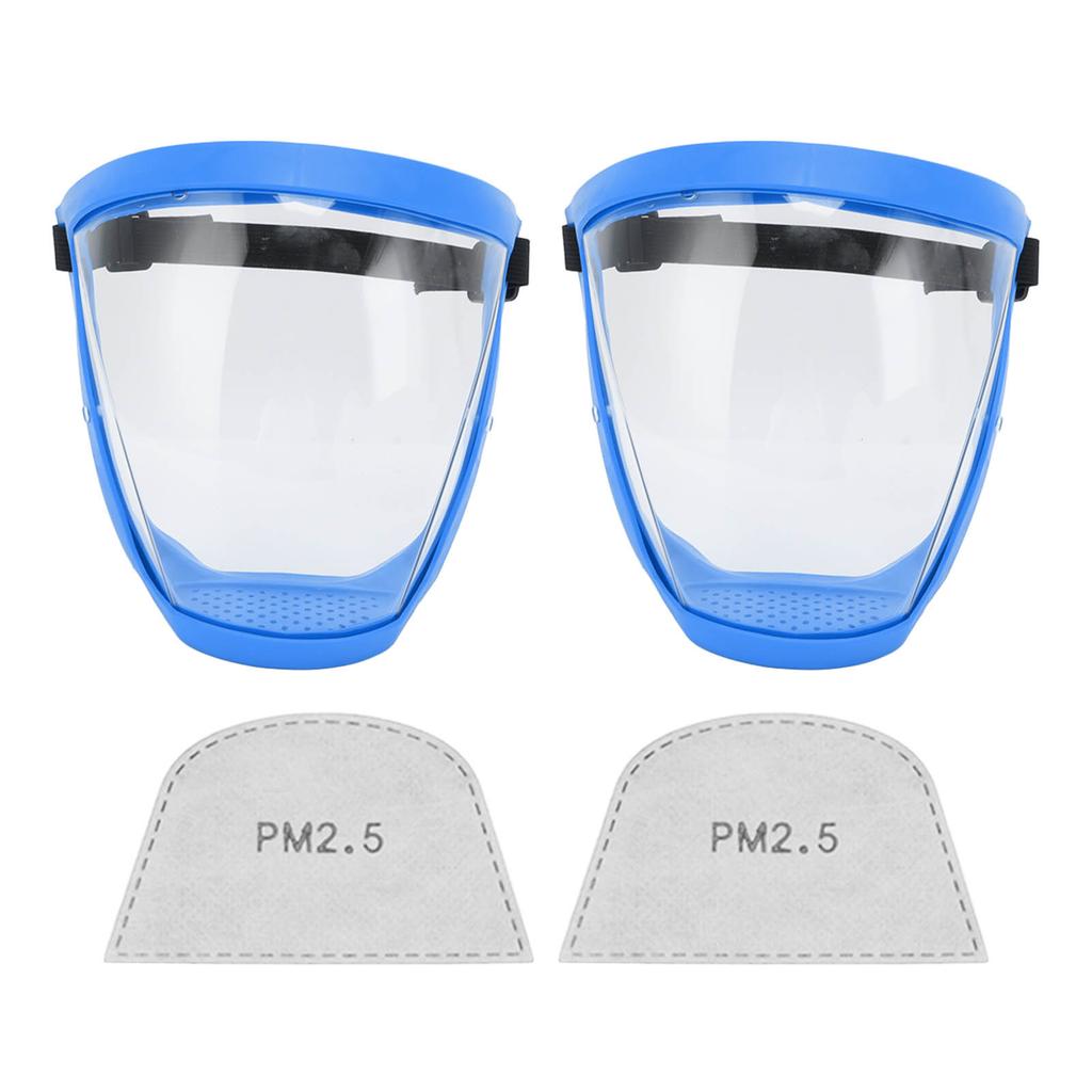 2pcs Protective Face Cover Dustproof Safety Elastic Belt Reusable Face Shield With Filter Cotton Pads Transparent Adult Blue