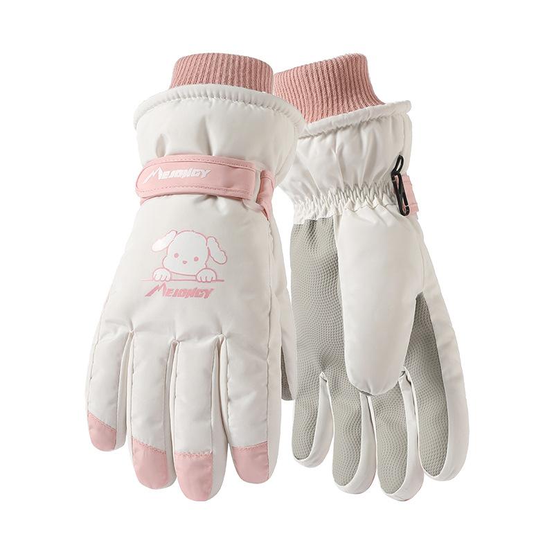 Ski Gloves In Winter Cute Women Plus Velvet Thickened Warm Full Palm Touch Screen In Winter Riding Electric Bikes Against Wind and Cold