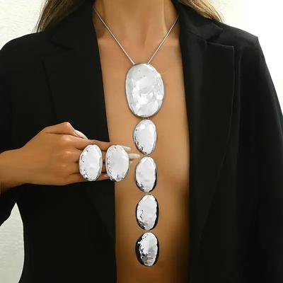 Personalisierter übertriebener Stil unregelmäßiges Hämmer-Muster geometrische Ellipse Farbverlauf lange Anhänger Halskette Ohrringe Damen-Set
