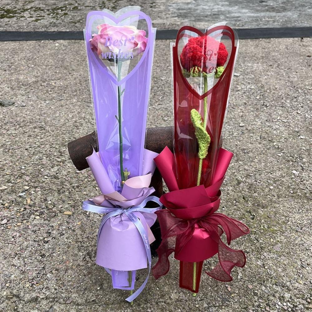 50pcs Single Flower Flower Packaging Bag Heart Shape Rose Packing Sleeve Bag  Valentine's Day