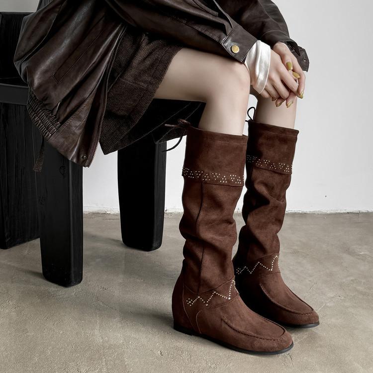 2025 autumn and winter new round head inner height increase but knee high sleeve trend national style stacking boots women