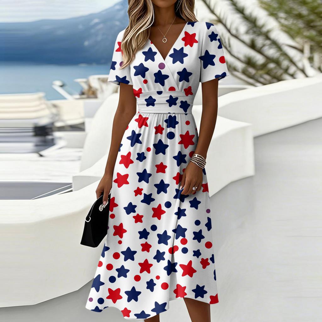 Women's Fashionable V Neck Short Sleeved Independent Day Print Casual Dress