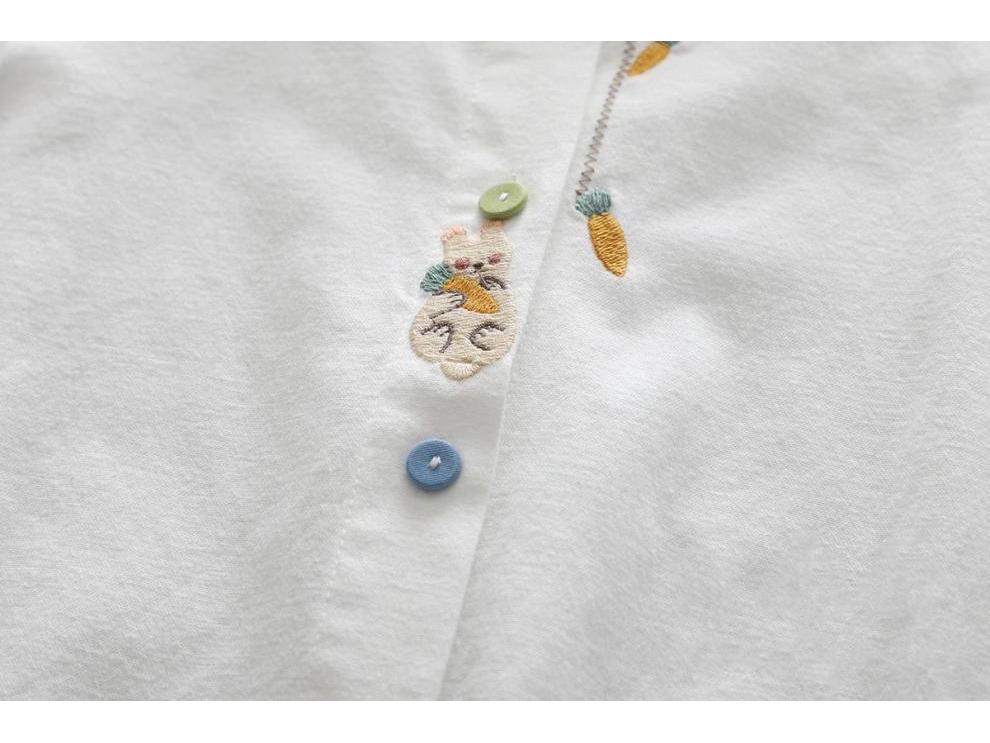 Women's Long Sleeve White Cotton Shirt with Rabbit and Radish Embroidery – Spring & Autumn Collection