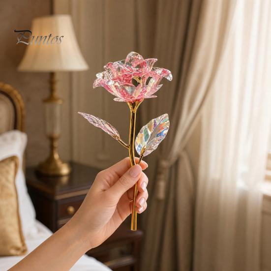 Exquisite Translucent Flower Colorful Rainbow Artificial Rose Flower, Faux Crystal Forever Preserved Transparent Pink Petals Eternal Gifts for Grandma