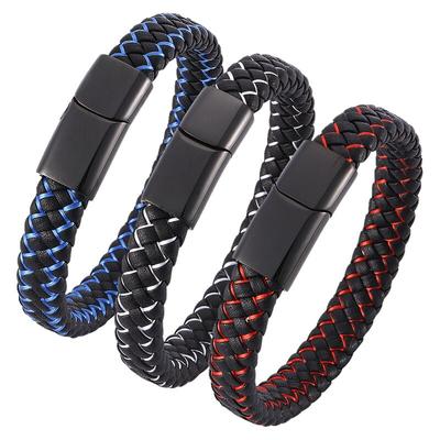 Punk Men Jewelry Black Blue Red Braided Leather Bracelet Stainless Steel Clasp Man Wrist Band Gifts