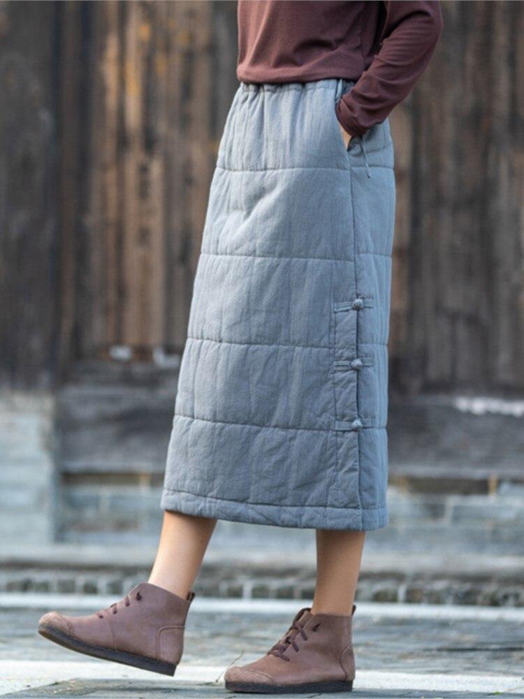 Johnature Frauen Vintage Baumwolle Leinen Röcke Elastische Taille Einfarbig Kleidung Herbst Winter Plus Baumwolle Taste Warme Röcke