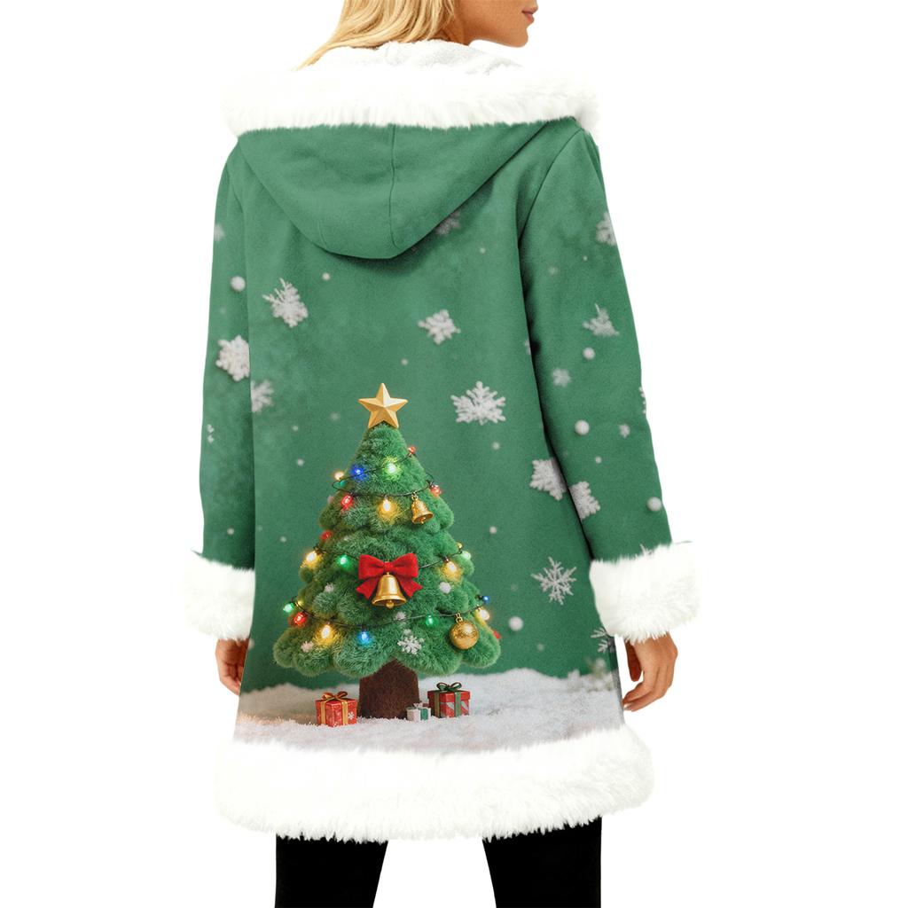 Unisex Casual And Fashionable Plush Collar Hooded Long Sleeved Christmas Printing Jacket