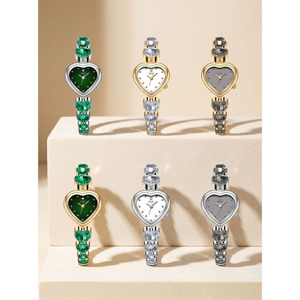 GEDI Women Quartz Wrist Watch Heart Shaped Dial Rhinestone Decor Metal Link Bracelet Waterproof Dress Watch