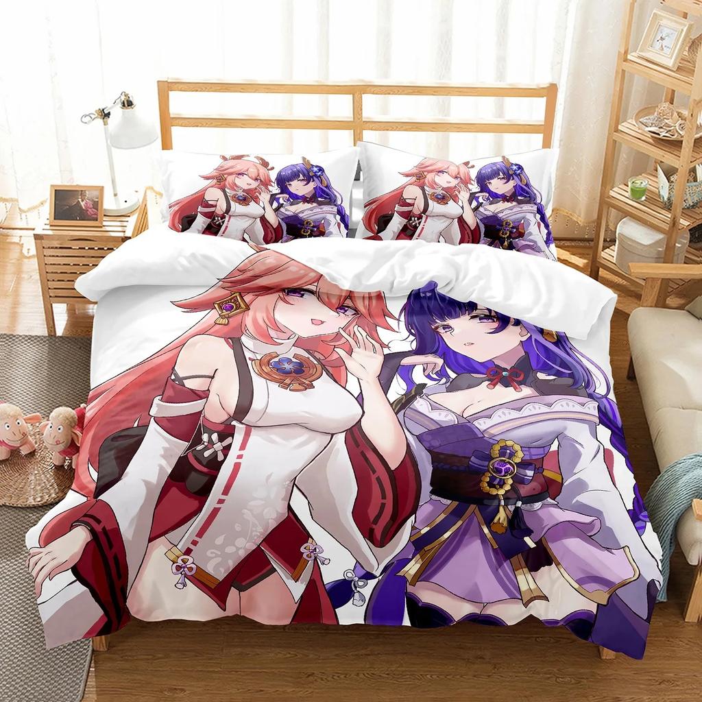 Genshin Impact Raiden Shogun Anime Pillowcase Set Custom Cartoon Bedding Bag Cute Quilt Cover Decoration