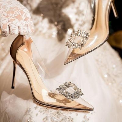New Style Fashion Sexy Transparent Pumps Rhinestone Butterfl-knot Pointed Toe Pumps Wedding High Heels Spring Summer Shoes