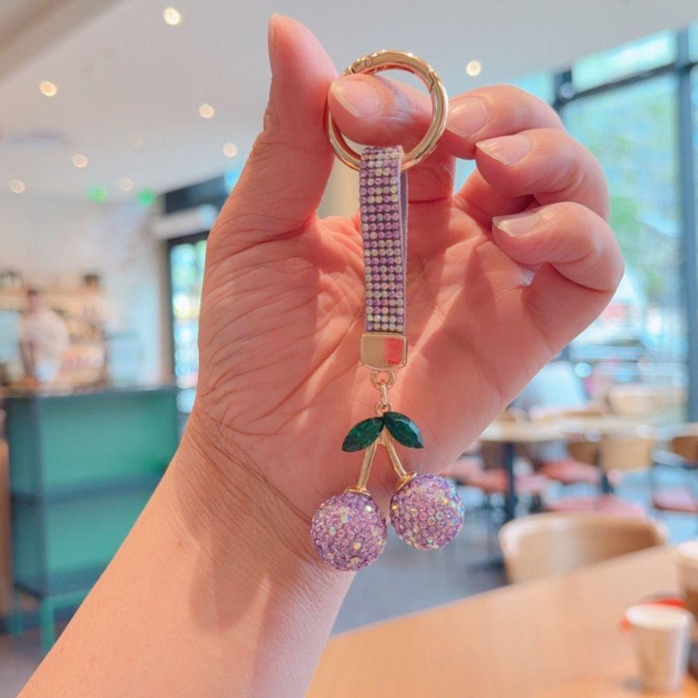 Blingbling Full Rhinestones Cherry Keychain High-end Bag Charm Rhinestone Car Keyring  Women