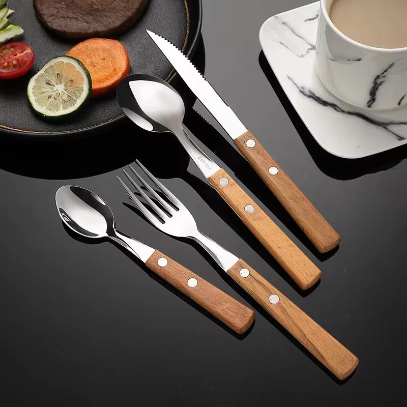 5Pcs Wooden Handle Cutlery Set 304 Stainless Steel Rivet Dinnerware Wood Handle Spoon Knife Fork Dinner Tableware Set Kitchen