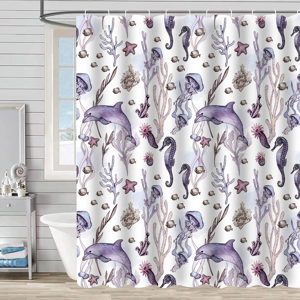 Shower Curtain Waterproof And Mildew-Proof Digital Printing Starfish Shell Shower Curtain Bathroom Partition Curtain Free Punching