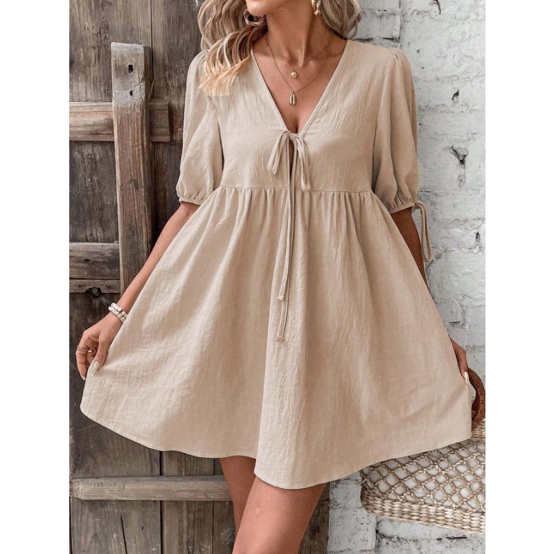 Women Elegant Loose Deep V Neck Lace Up A Line Woven Midi Dress