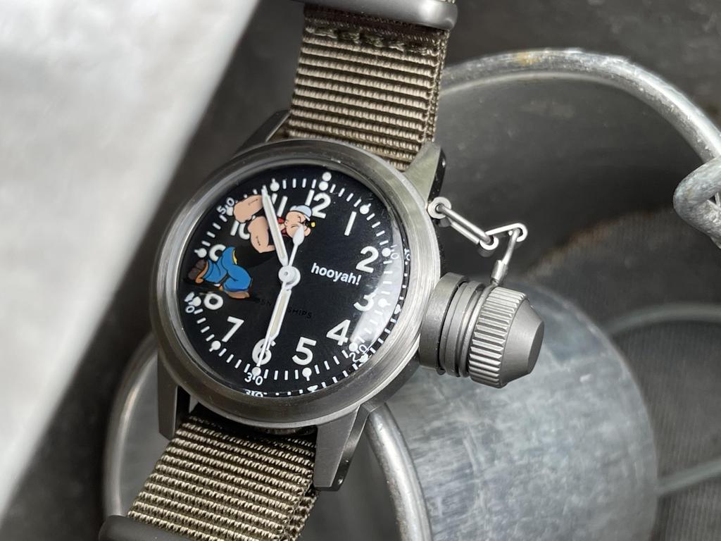 Military Buships Green Cloth Strap M.R.M.W. Men's Watch, Popeye,