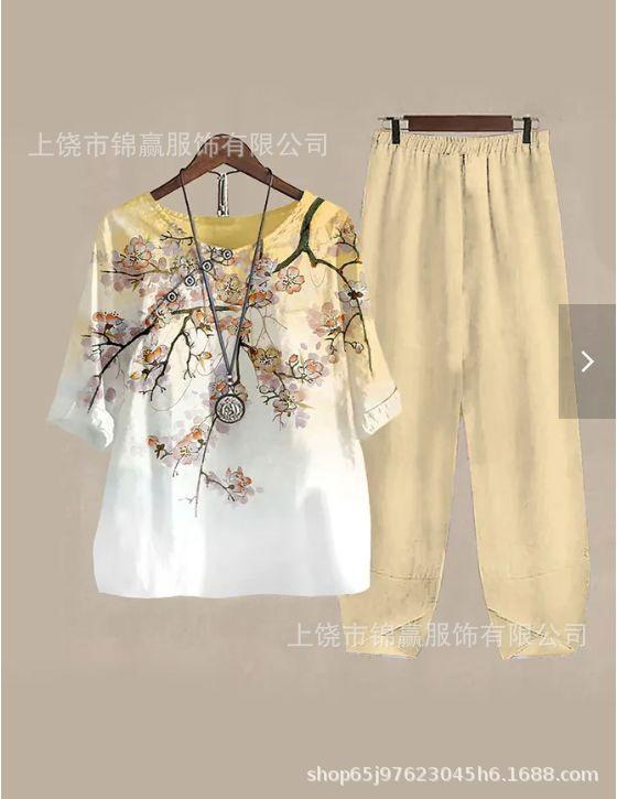 Spring and summer national style bamboo leaf plant printed women's clothing, breathable round neck medium sleeve top, elastic waist loose eight-point